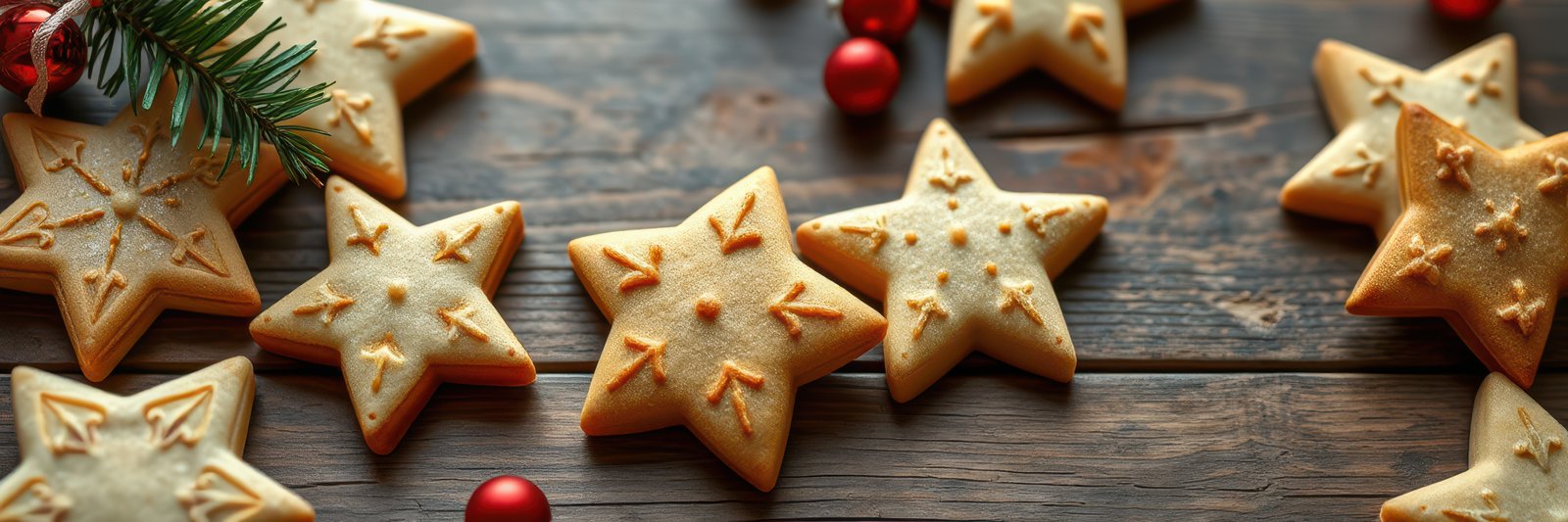 Deliciously decorated star-shaped cookies arranged on a wooden table for the holiday season